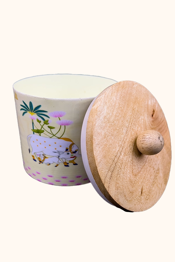 Metal Pichwai Jar with Wooden Lid