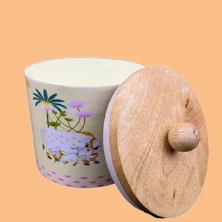 Metal Pichwai Digital Printed Jar with Wooden Lid