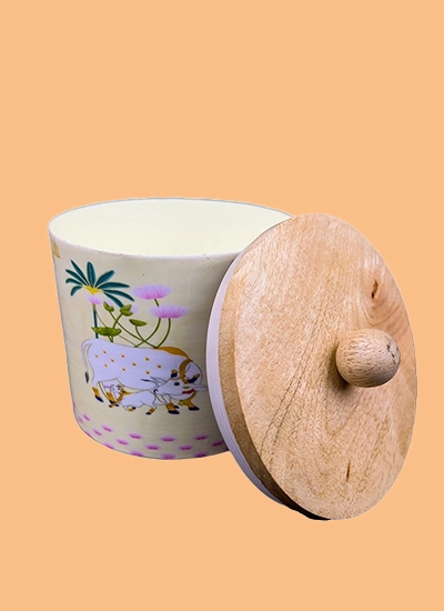 Metal Pichwai Digital Printed Jar with Wooden Lid