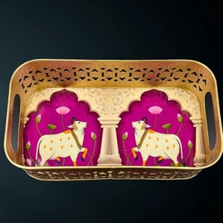 Rectangular Tray with Pichwai Design – Magenta pink