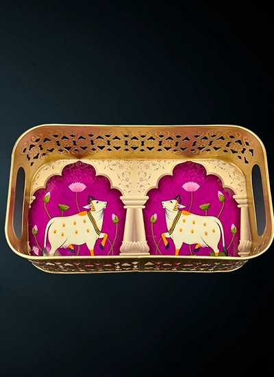 Rectangular Tray with Pichwai Design – Magenta pink