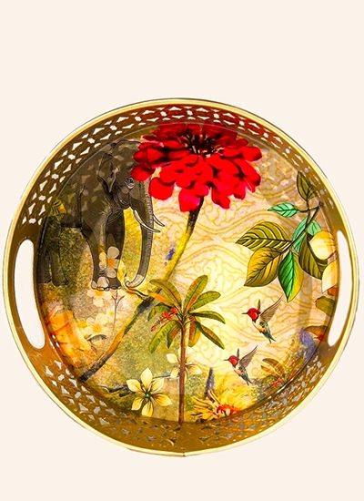 Metal Designer Elephant Round Tray